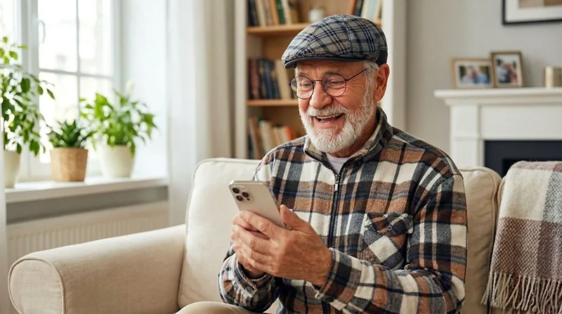 Älterer Mann sitzt entspannt zuhause und nutzt lächelnd sein Smartphone