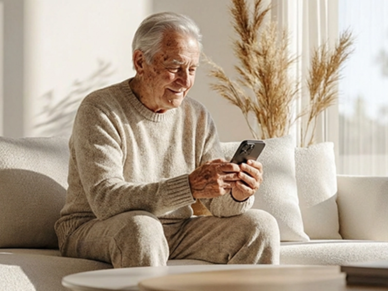 Älterer Mann sitzt lächelnd auf dem Sofa und schaut auf sein Smartphone