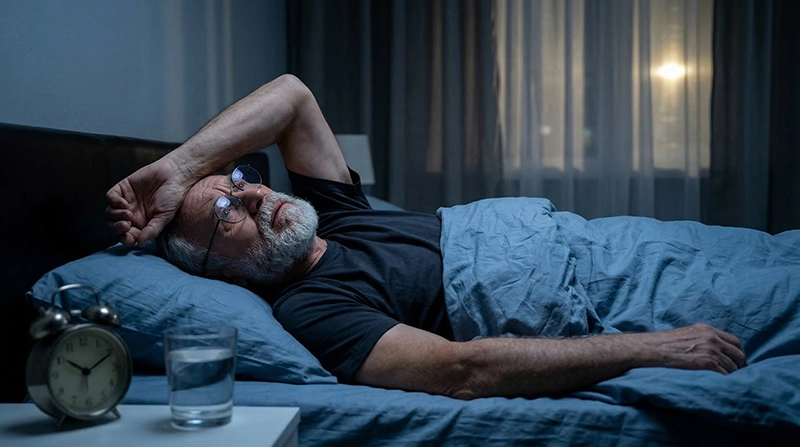Älterer Mann liegt nachts schlaflos im Bett und schaut auf seinen Wecker