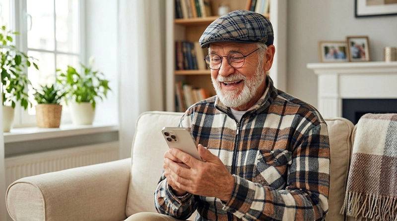 Älterer Mann sitzt entspannt zuhause und nutzt lächelnd sein Smartphone